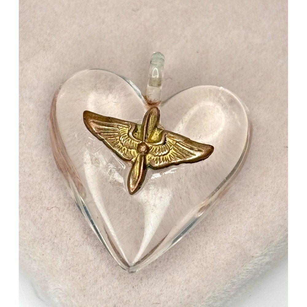 1940s Lucite Brass Military Sweetheart Heart Pendant Propeller Pilot Wing